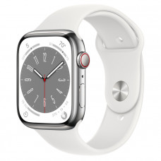 Умные часы Apple Watch Series 8 45 мм Silver Stainless Steel Case with White Sport Band, размер S/M