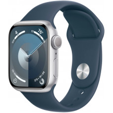 Apple Watch Series 9, 45 мм, корпус из алюминия серебристого цвета, спортивный ремешок цвета «грозовой синий», размер M/L